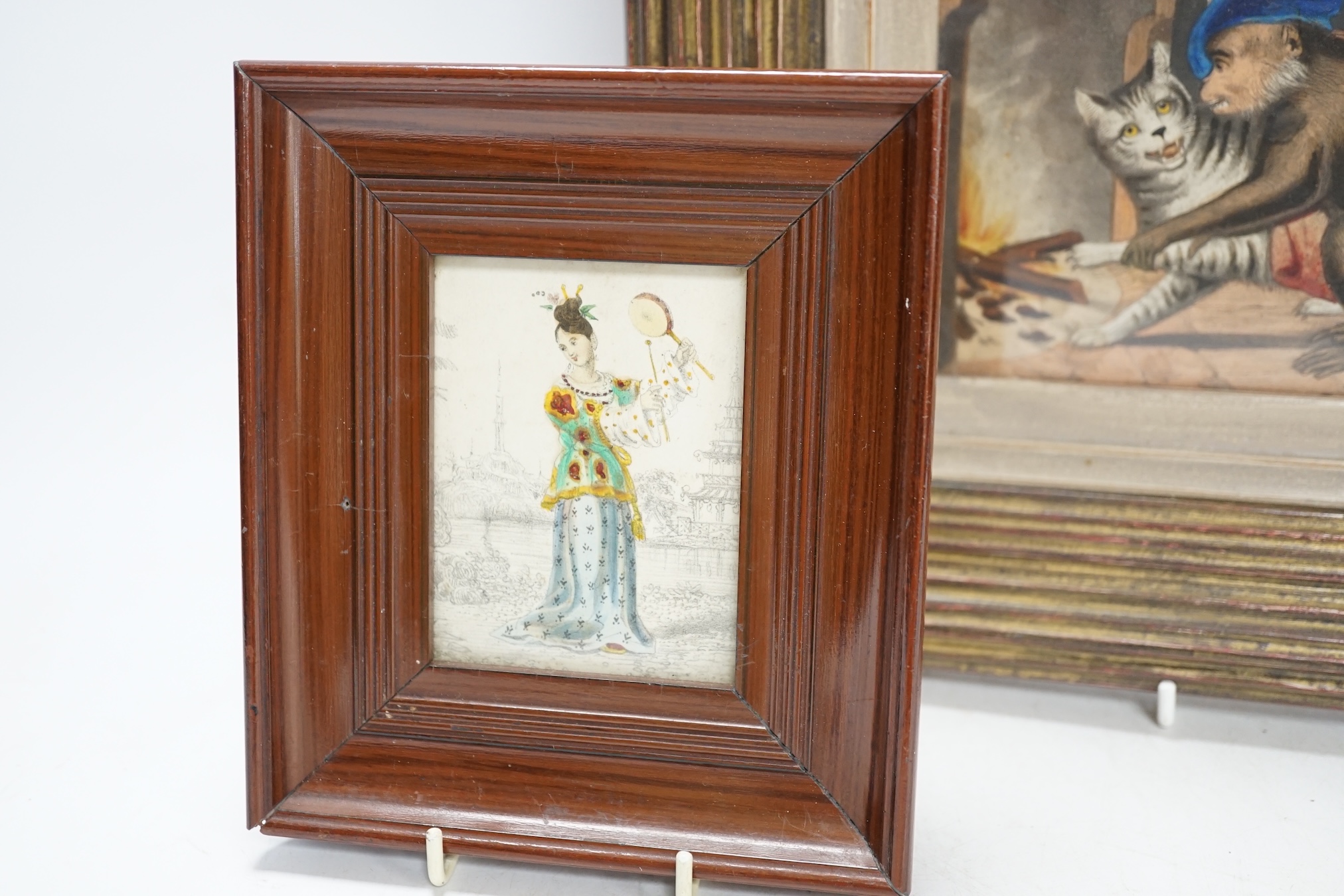 From the Studio of Fred Cuming. Two 19th century colour prints, Monkey and Chinese drummer, largest 11 x 15cm. Condition - fair